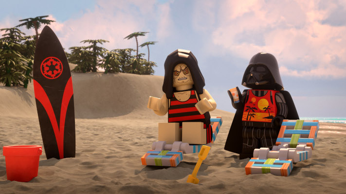 Emperor Palpatine and Darth Vader enjoy the sands of Scarif in LEGO® STAR WARS SUMMER VACATION exclusively on Disney+. ©2022 Lucasfilm Ltd. & TM. All Rights Reserved.