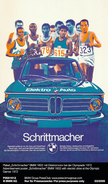 Advertisement poster "Schrittmacher" BMW 1602 with electric drive at the Olympic Games 1972 (03/2009)