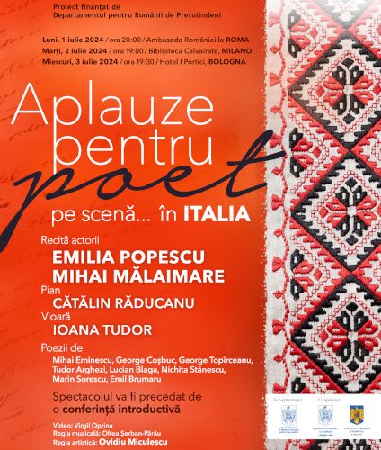 „Aplauze pentru poet pe scenă… în Italia”, un spectacol original cu actorii Emilia Popescu și Mihai Mălaimare