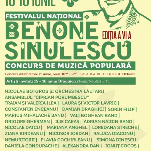 Festivalul Național Concurs de Muzică Populară ”Benone Sinulescu”, ediția a șasea, va avea loc pe 15 și 16 iunie la Buzău