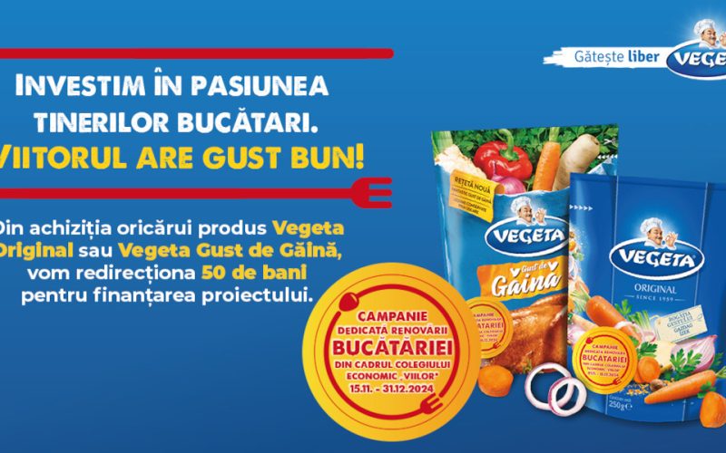 Vegeta lansează campania ”Viitorul are gust bun”și va redirecționa 50 de bani către proiectul de renovare a bucătăriei din cadrul Colegiului Economic Viilor pentru fiecare Vegeta Original sau Vegeta Gust de Găină cumpărate în perioada 15 noiembrie-31 decembrie 2024