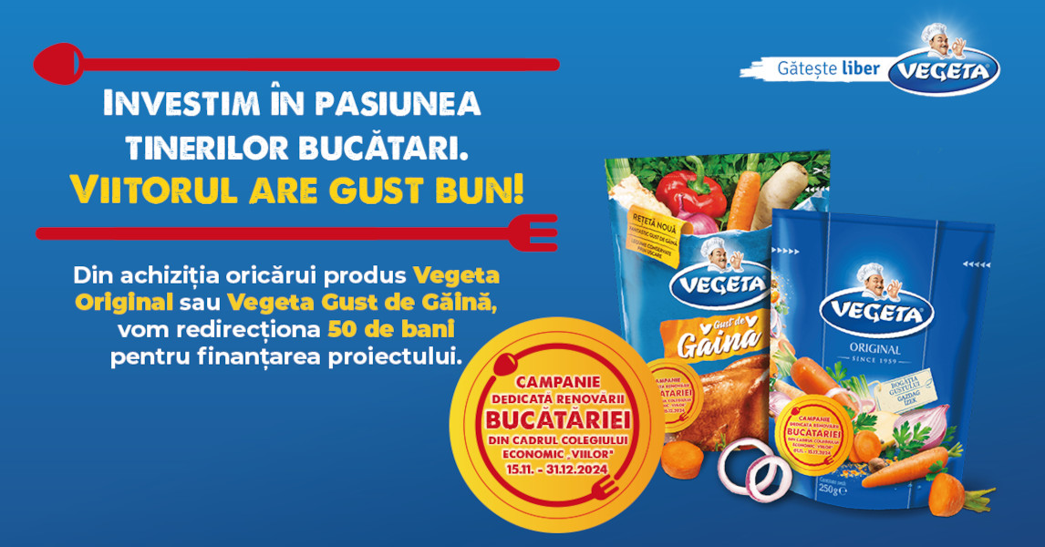 Vegeta lansează campania ”Viitorul are gust bun”și va redirecționa 50 de bani către proiectul de renovare a bucătăriei din cadrul Colegiului Economic Viilor pentru fiecare Vegeta Original sau Vegeta Gust de Găină cumpărate în perioada 15 noiembrie-31 decembrie 2024